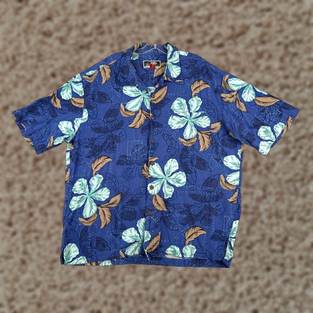 VINTAGE La Cabana Shirt Men 2XL Blue Floral Hawaiian Rayon Button-Up Short Sleeve 100% Rayon Island/Seasonal Mens Shirt