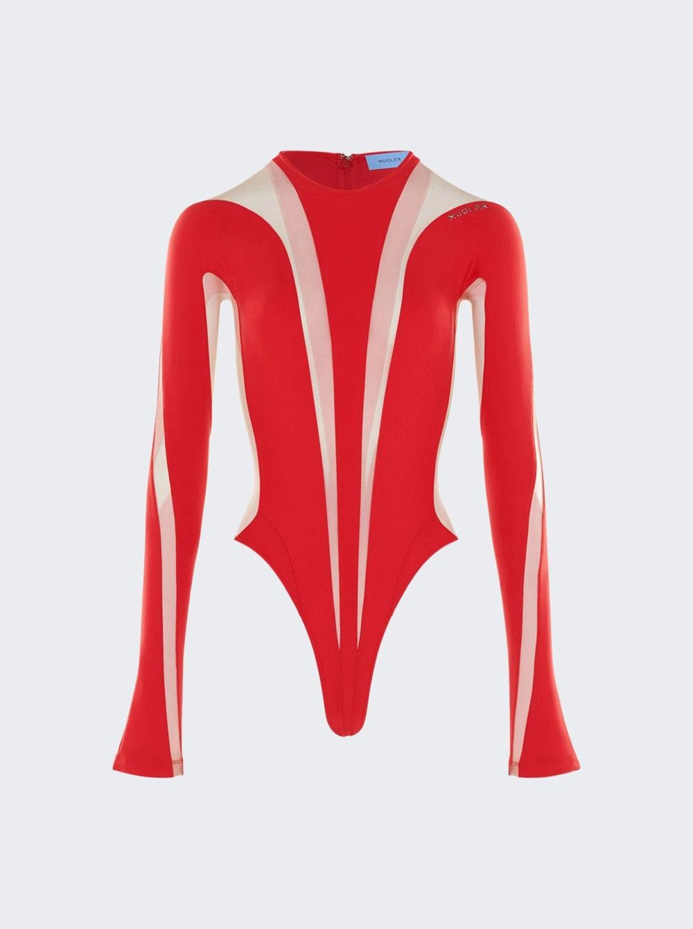 Mugler 40 L Mugler Long-Sleeve Sheer Panel Bodysuit Red Nude 01 Size L / US 10 / IT 46 - 1 Thumbnail