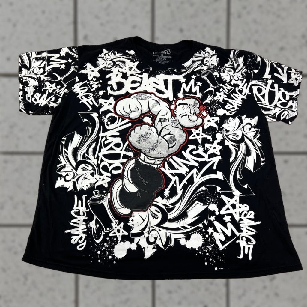 Vintage Popeye The Sailor 4XL T-Shirt Black White AOP Mens Short Sleeve Graffiti Beast Y2K Print Modern Vintage Style Size US XXL / EU 58 / 5 - 1 Thumbnail