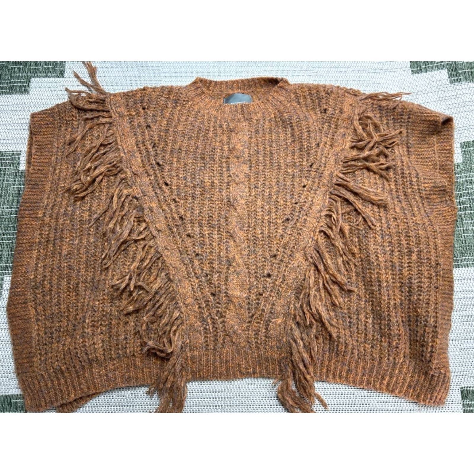 Anthropologie Sweater Womens One Size Brown Marled Fringe Poncho 