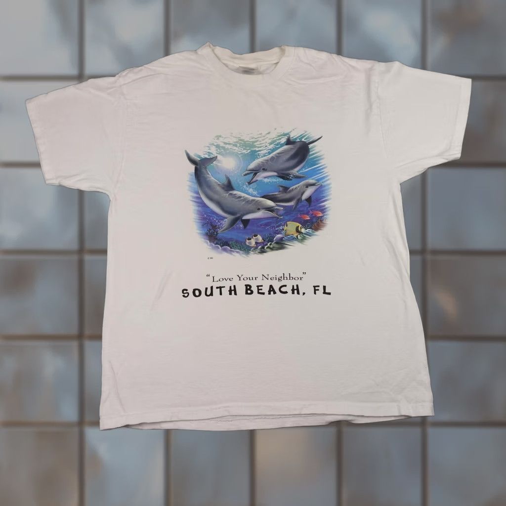 Hanes VINTAGE Hanes South Beach FL Shirt Mens Large White Dolphins Tee Ocean Graphic 90s Size US L / EU 52-54 / 3 - 1 Thumbnail