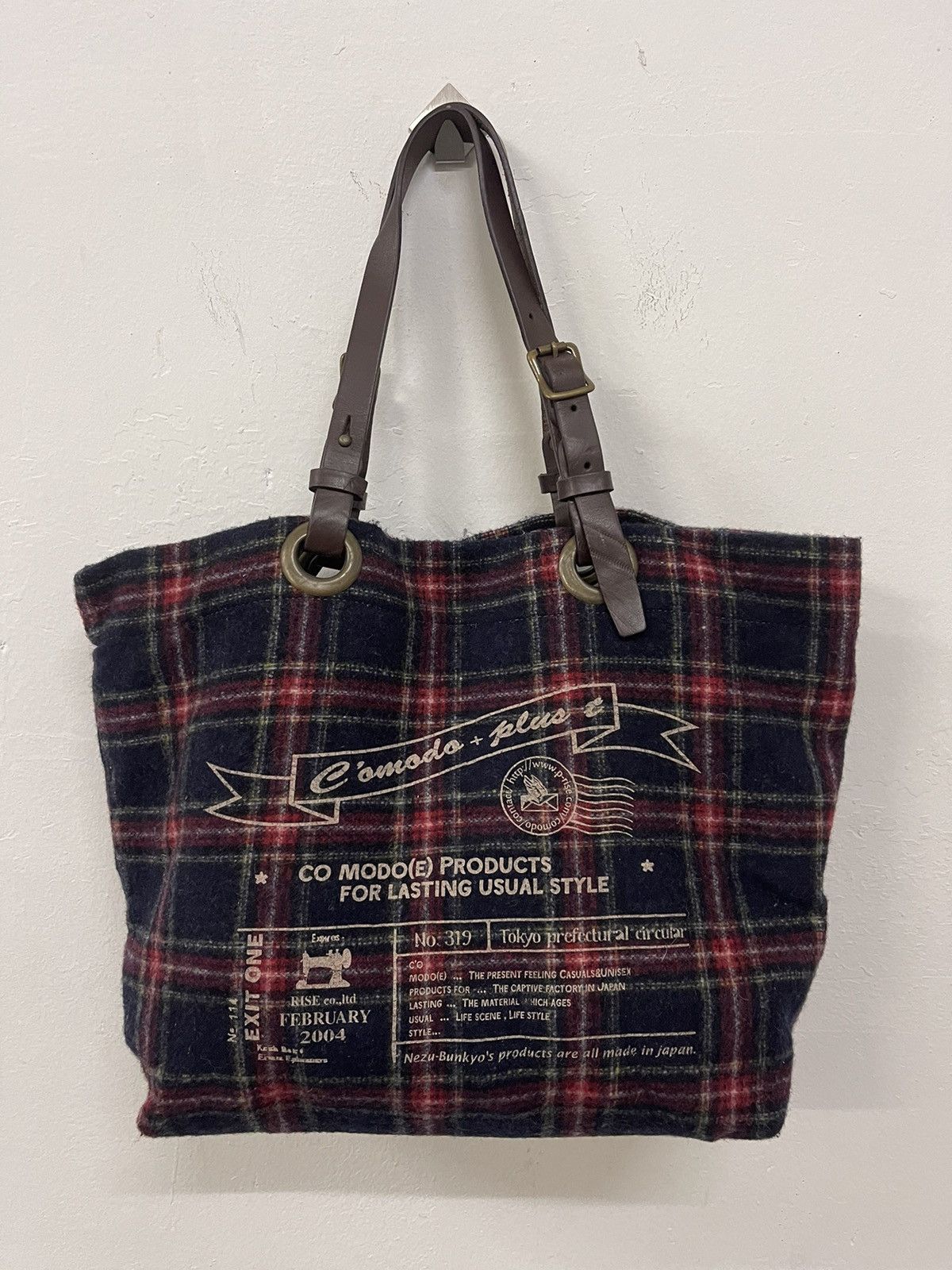 Japanese Brand × Vintage C’omodo +plus t japan wool plaid leather handle strap tote Size ONE SIZE - 2 Thumbnail