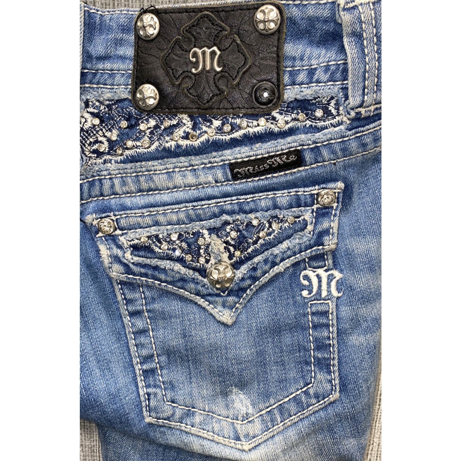 Miss Me MISS ME Womens Blue Flap Pocket Rhinestone Bootcut Jeans Size 26 X 30 Cotton Blend Regular Womens Size 26" / US 2 / IT 38 - 5 Thumbnail