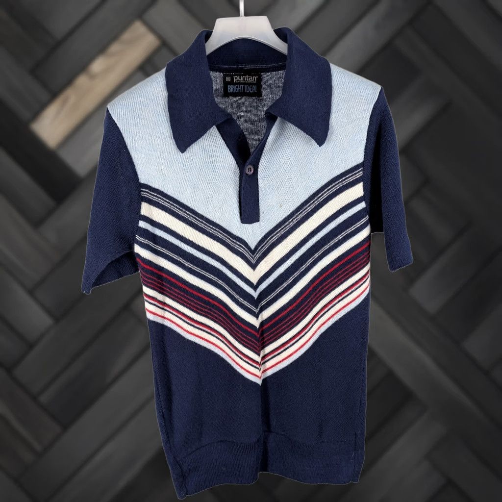 IDEA VINTAGE Puritan Bright Idea Knit Polo Shirt M Navy Blue Chevron Mod Disco Shirt Mens M Size US M / EU 48-50 / 2 - 1 Thumbnail