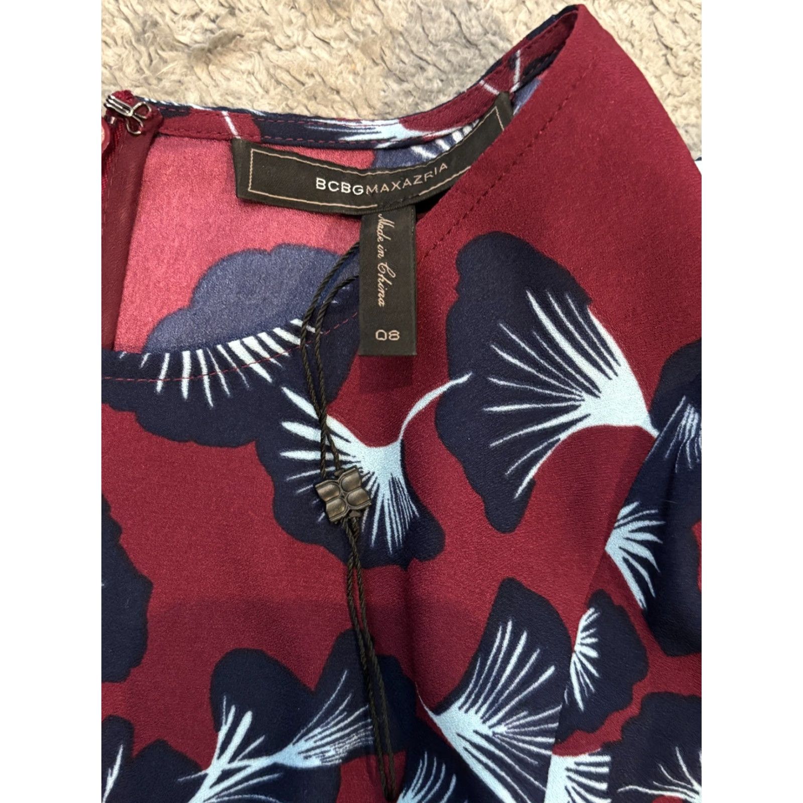 Bcbgmaxazria BCBGMAXAZRIA Dress Slim A-Line NWOT Burgundy Christiania Ginkgo Leaf Ruffle Overlay Midi Sleeveless Flutter Sleeve Round Neck Zip Size 8 Women’s Size M / US 6-8 / IT 42-44 - 2 Thumbnail