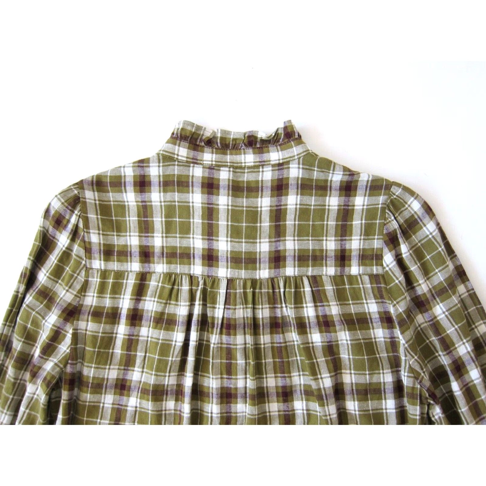 Ann Taylor NWT Ann Taylor Loft Blouse Shirt Button Long Sleeve Collared Plaid Ruffle XS Green Women Proudly Made in Indonesia Size XS / US 0-2 / IT 36-38 - 5 Thumbnail