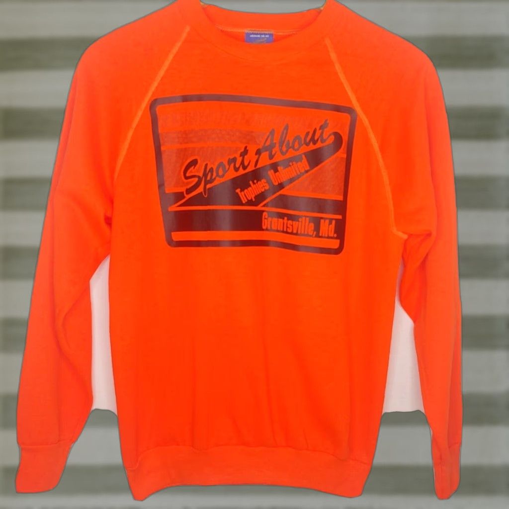 Vintage VINTAGE Sneakers Sweatshirt Shirt M Adult Mens Blaze Orange Crew Neck Pullover 100% Acrylic Sports About Tropies Unlimited Grantsville Maryland Size US M / EU 48-50 / 2 - 1 Thumbnail