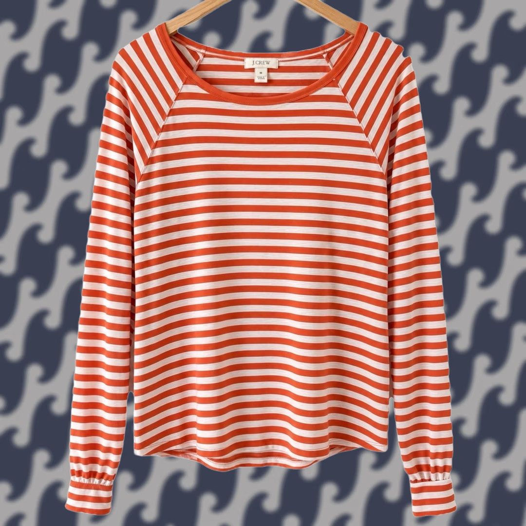 J.Crew J.Crew Women’s Nautical Tee Stripe White Orange Long Sleeve Scoop Neck M Shirt Top Size M / US 6-8 / IT 42-44 - 1 Thumbnail