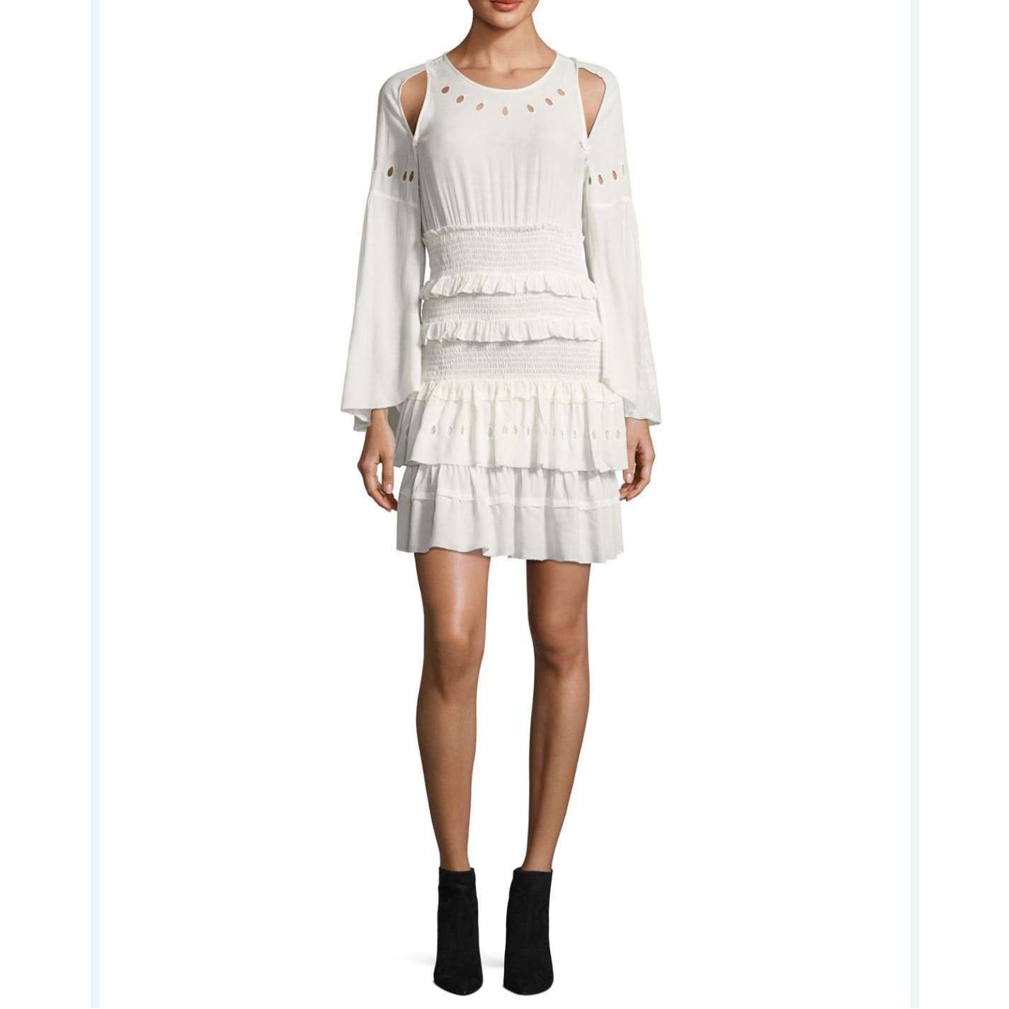 image of Iro Jedway Bell-Sleeve Smocked Tiered Dress, Ecru Size 38 in White, Women's