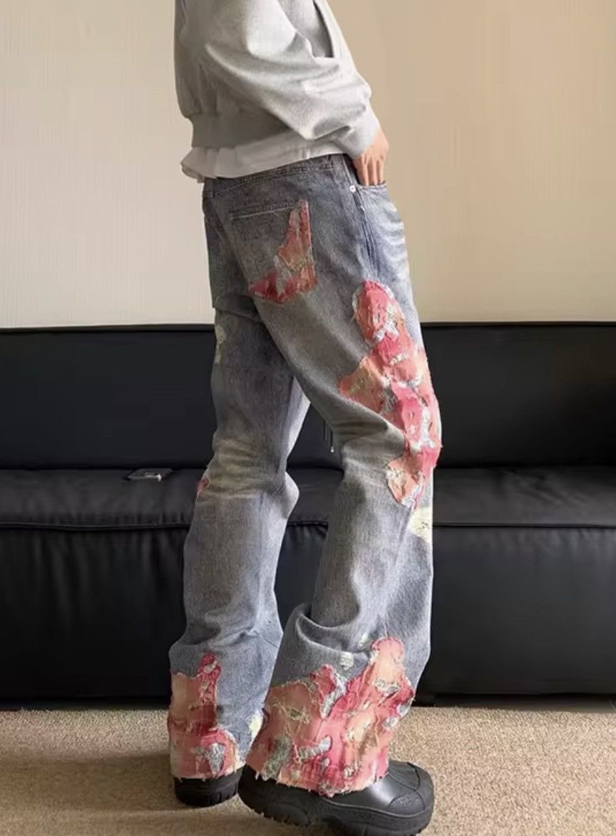 Japanese Brand VIBE High street printed patchwork retro flared baggy jeans Size US 27 - 2 Thumbnail