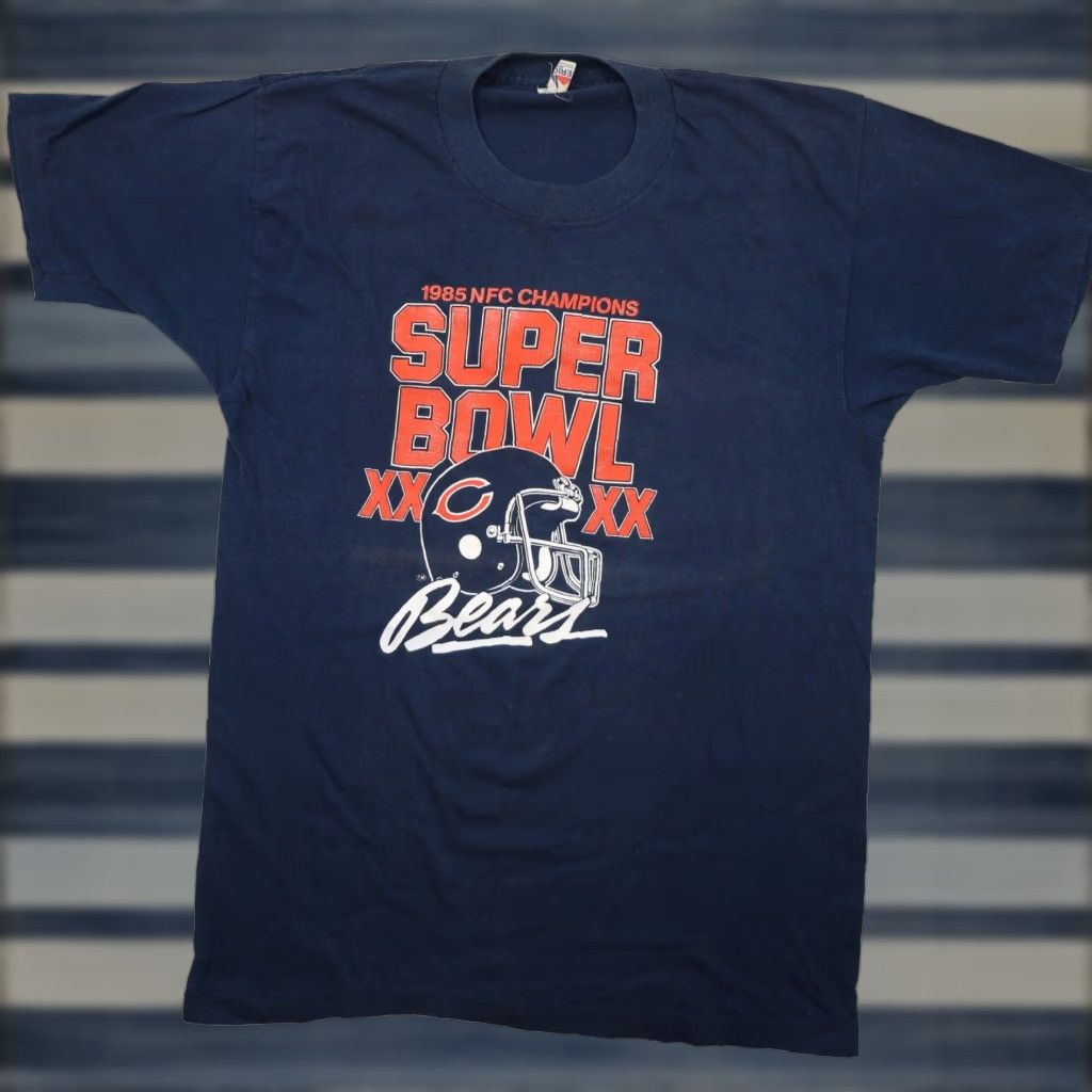VINTAGE NFL Chicago Bears Super Bowl T-Shirt Mens Medium Blue Graphic 1985 Bears Football Mens Shirt
