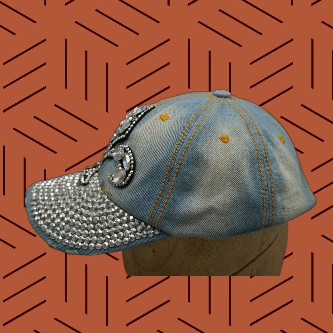 Denime VINTAGE Bling Fleur de Lis Denim Baseball Cap Women One Size Adjustable Blue Rhinestone Silver Glam Sparkle 90s Festival Party Hat Size ONE SIZE - 1 Thumbnail