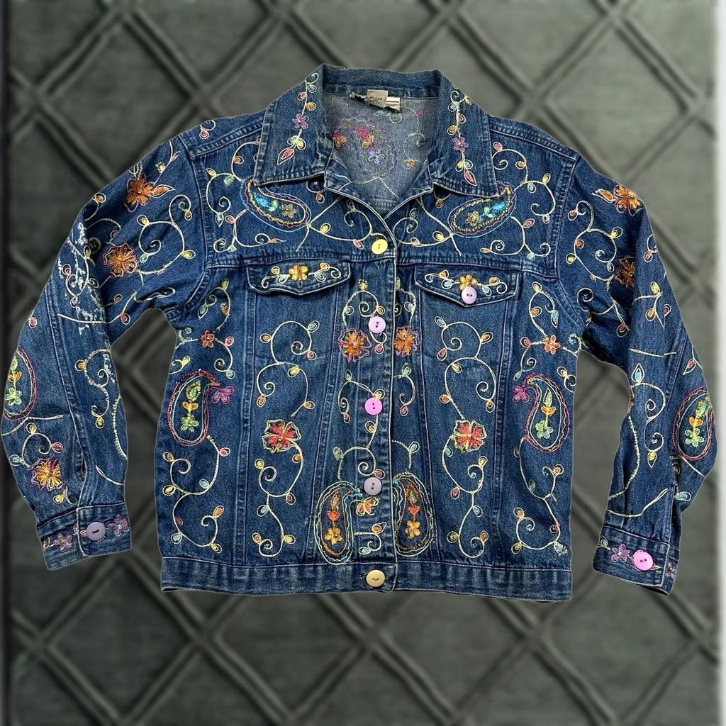 Denime Carrie Allen Womens M Denim Jacket All Over Embroidered Crochet Chain Stitch Blue Size M / US 6-8 / IT 42-44 - 1 Thumbnail