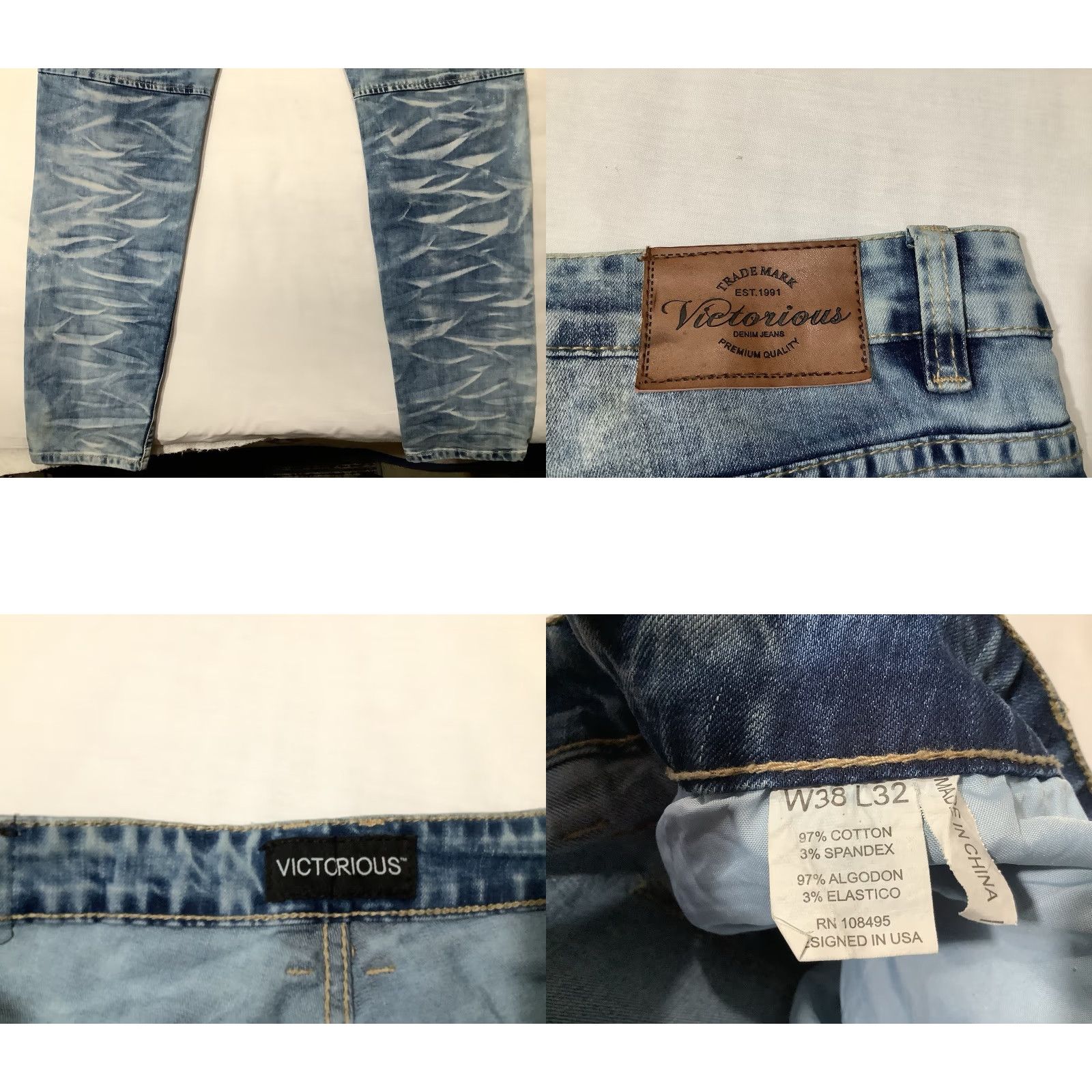 Denime VICTORIOUS Jeans Blue 38X32 Men Biker Denim Tapered Scrunched Moto 5-Pocket Design Jeans Men Accessories? Size US 38 / EU 54 - 8 Thumbnail