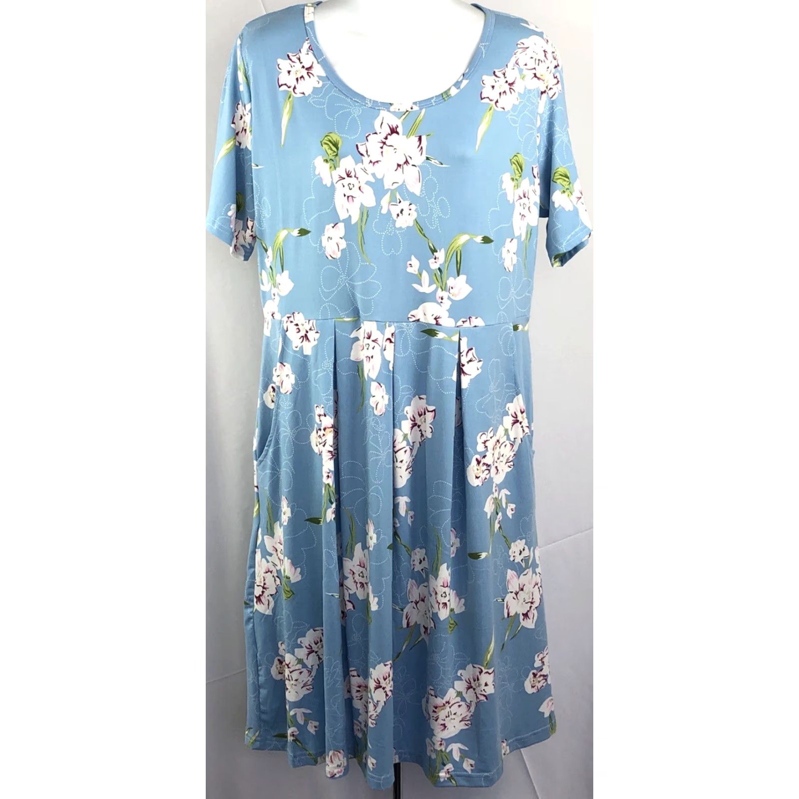 Vintage Auselily Dress XL Blue Floral Shift Pockets Pleated Casual Summer Women Size XL / US 12-14 / IT 48-50 - 6 Thumbnail