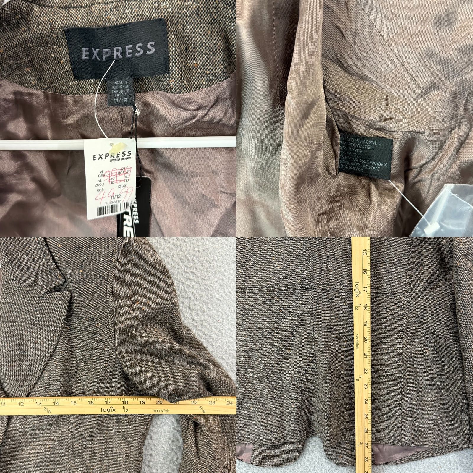 Express VINTAGE Express Blazer Womens 11/12 Brown Jacket Pocket Lined Career Preppy NWT Size XL / US 12-14 / IT 48-50 - 8 Thumbnail
