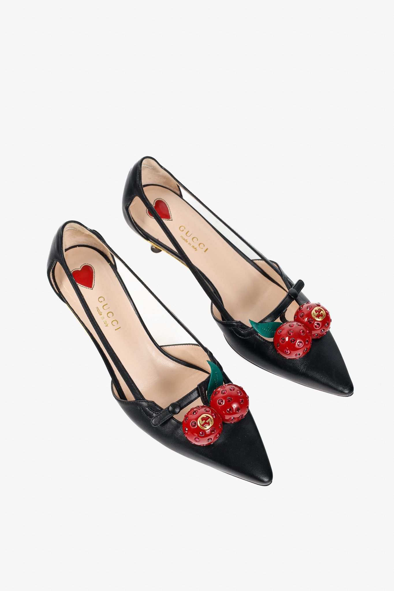 Gucci Unia Leather Cherry-Embellished Pointed-Toe Heels