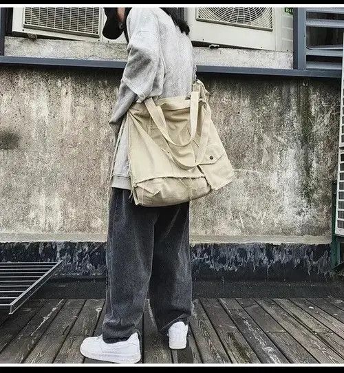 Tote Bag Canvas Single Vintage Solid Hasp Shoulder Bag in Beige, Men's