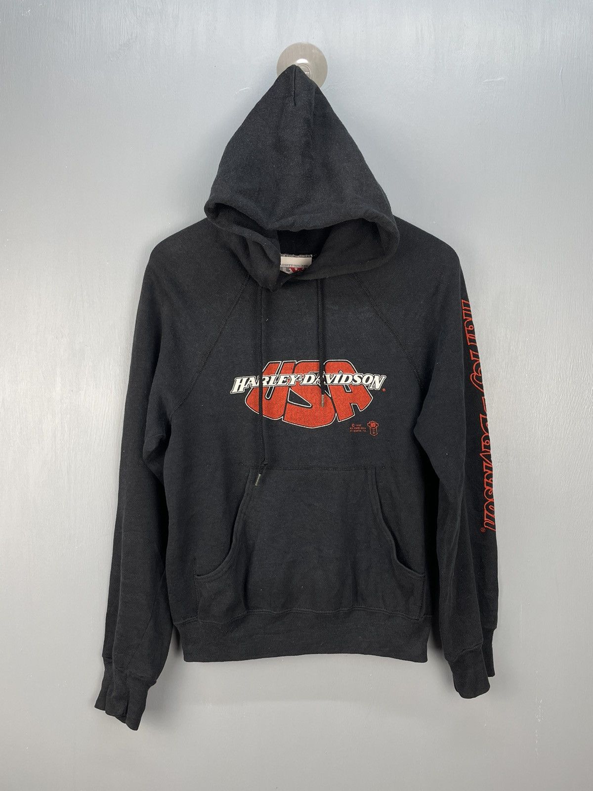 image of 80's Harley Davidson 3D Emblem Hoodie in Black, Men's (Size Small)