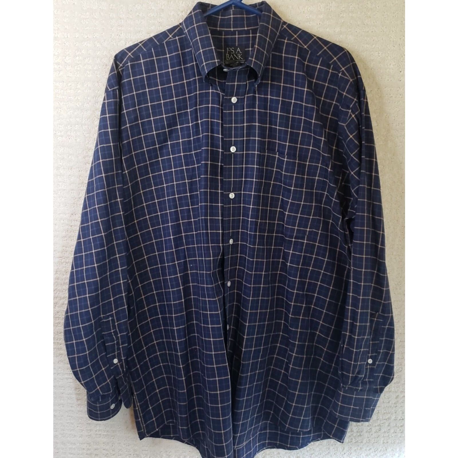 Jos. A. Bank Jos. A. Bank Executive Edition Mens L Button-Down Dress Shirt Plaid Blue Yellow 100% Cotton Convertible Cuff Long Sleeve Regular Fit Size 42R - 2 Thumbnail