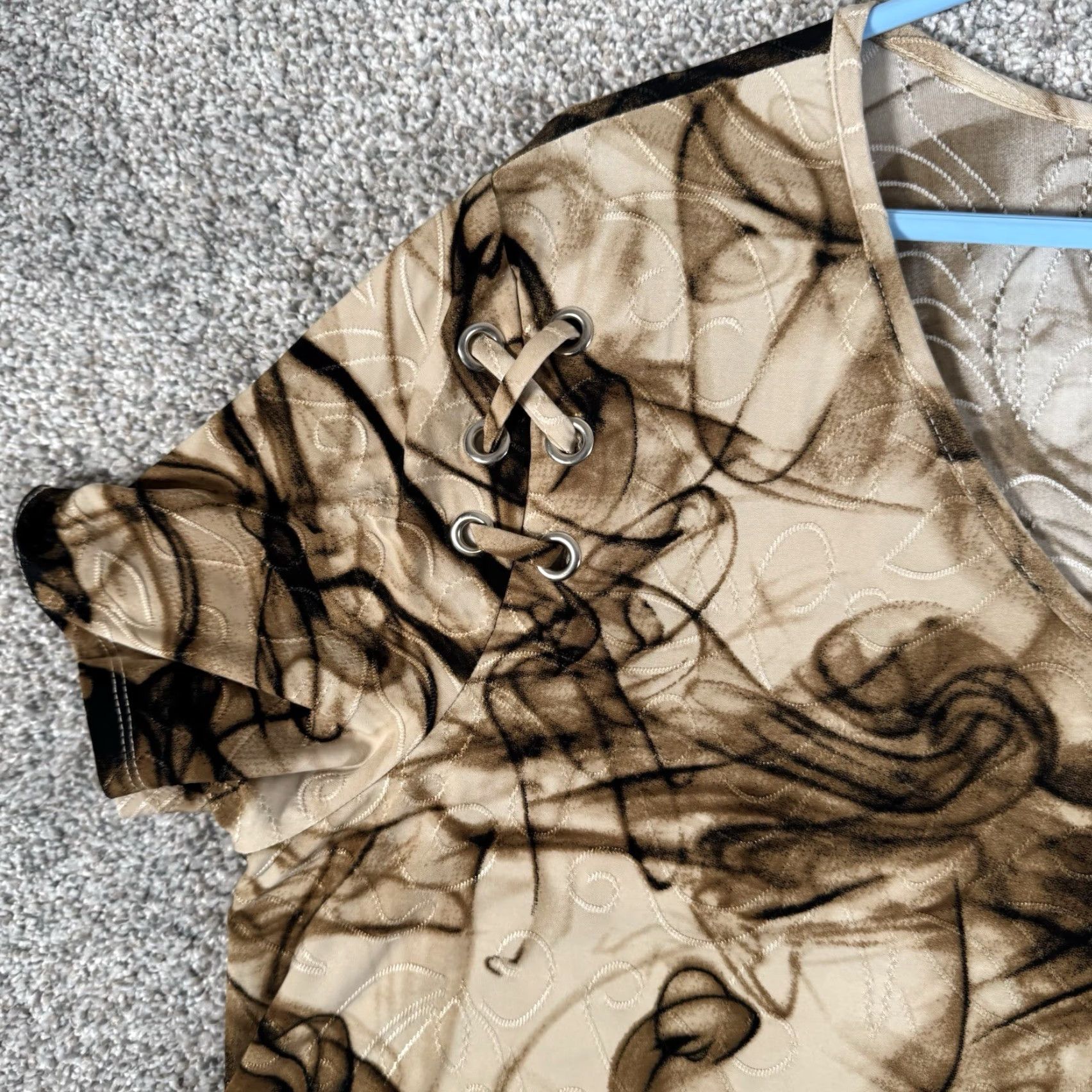 Vintage Fairy Grunge Top XL Smoke Abstract Print Whimsigoth Goblincore Retro 90s Artsy Blouse Womens V-Neck Short Sleeve Brown Polyester Blend Cato Size XL / US 12-14 / IT 48-50 - 5 Thumbnail