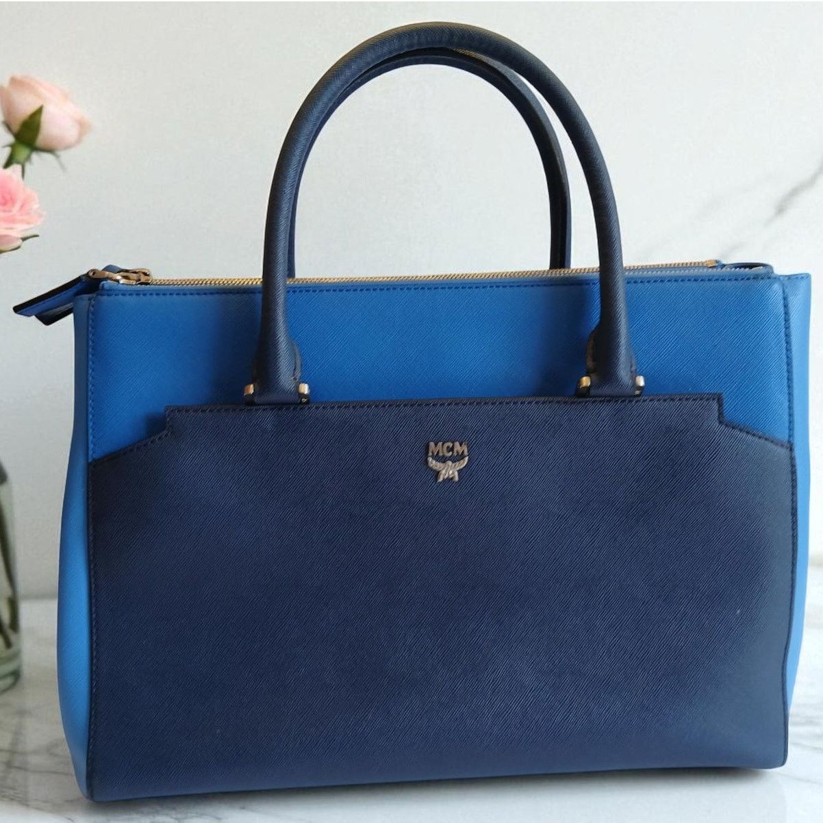 MCM MCM Saffiano Leather Handbag Two-Tone Blue Size ONE SIZE - 1 Thumbnail