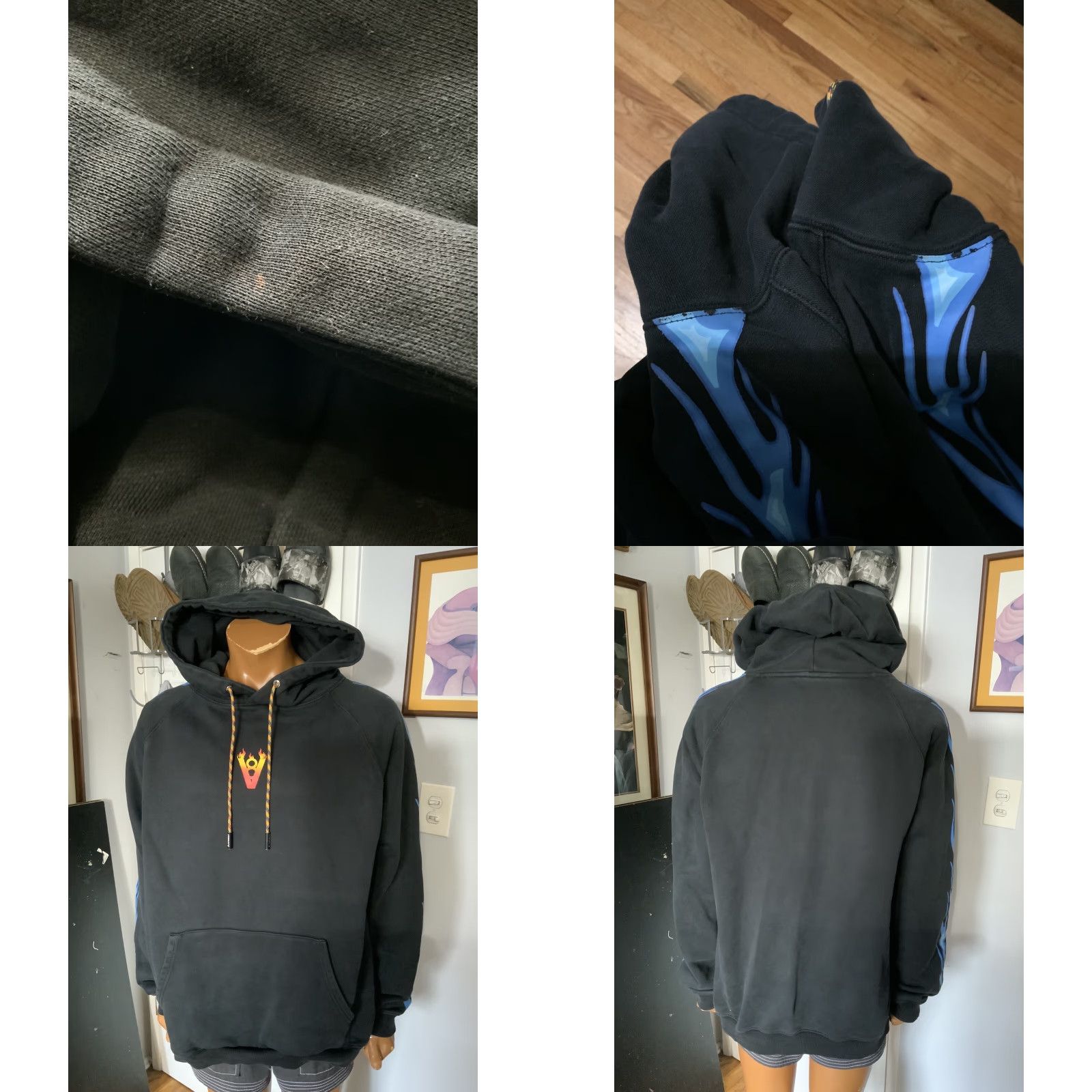 Vintage VIBRATE V8 Blue Flames Heavyweight French Terry Black Pullover Hoodie XL Mens Size US XL / EU 56 / 4 - 8 Thumbnail