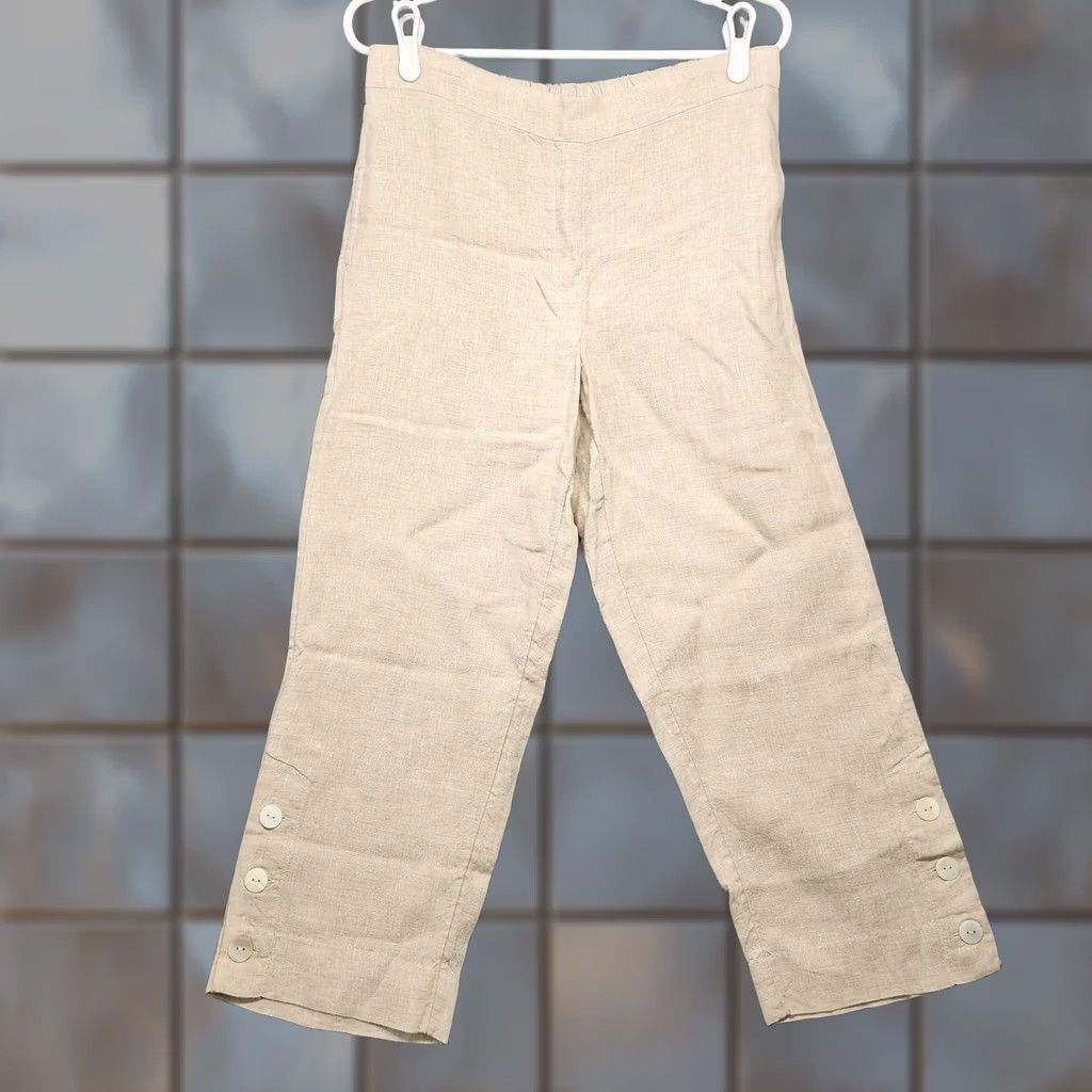 Vintage Chico's Linen Pants Womens Beige Cropped Pull On Button Hem Pockets Small Size 28" / US 6 / IT 42 - 1 Thumbnail