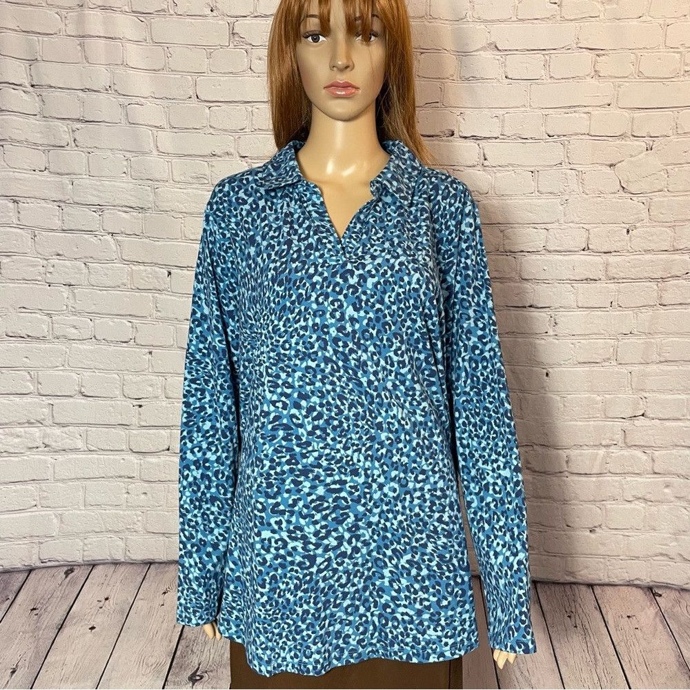 Isaac Mizrahi New Isaac Mizrahi Printed Split-Neck Collared Blue Long Sle Size XXL / US 16-18 / IT 52-54 - 2 Thumbnail