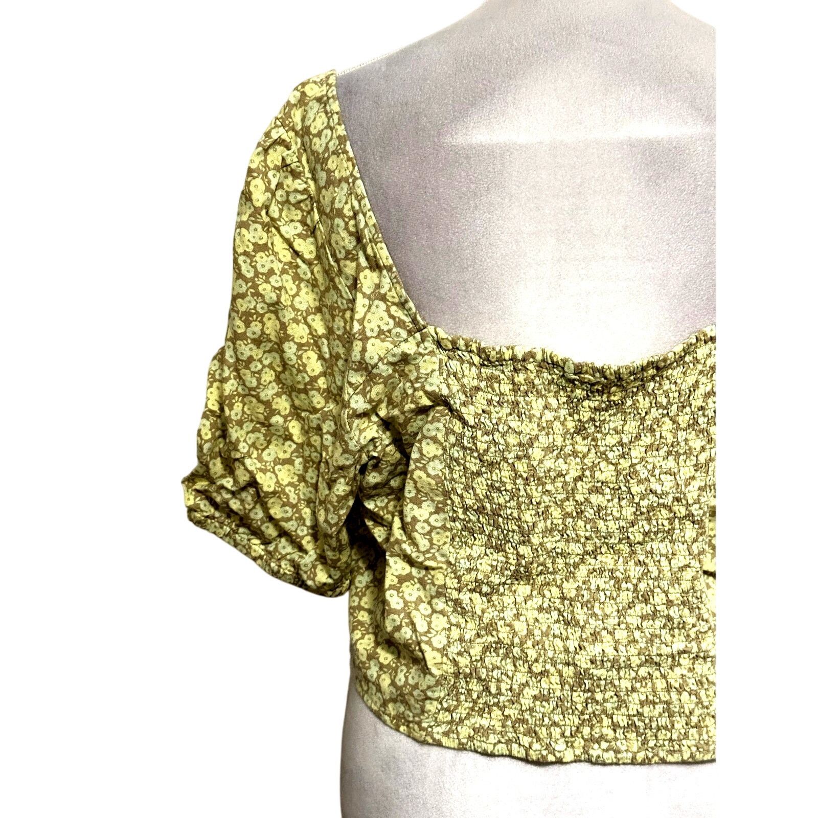 BP. BP. Puff Sleeve Crop Top Linen Yellow Floral Women's Plus 2X Size XXL / US 16-18 / IT 52-54 - 6 Thumbnail