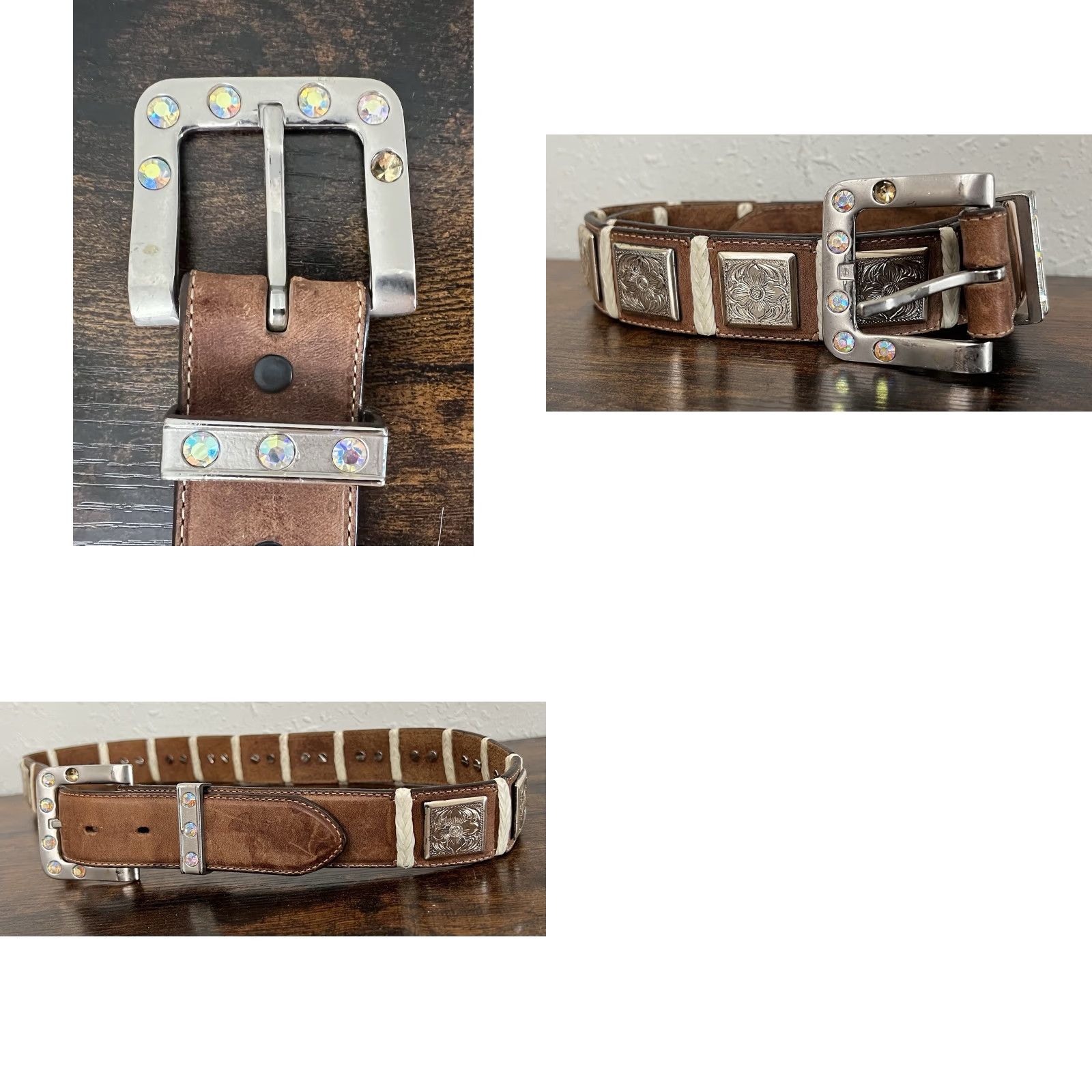 Tony Lama VINTAGE Tony Lama Belt 36 Brown Silver Rhinestone Buckle Leather Floral Medallion Square Belt Women 36-37 in Adjustable Western USA Cowboys Girls Size ONE SIZE - 8 Thumbnail