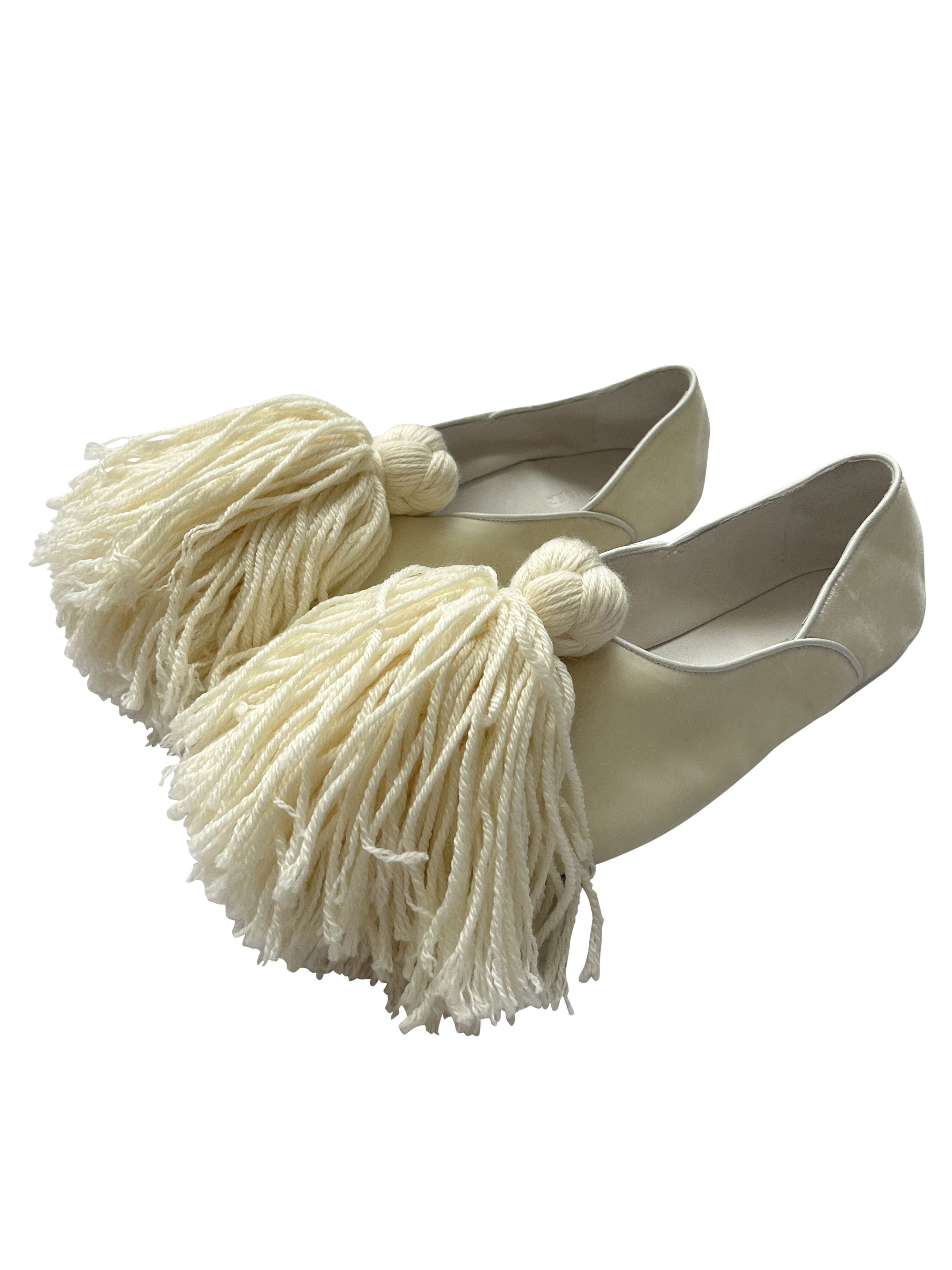 image of Jil Sander Cream Pom Pom Slippers Ballerinas, Women's (Size 9)