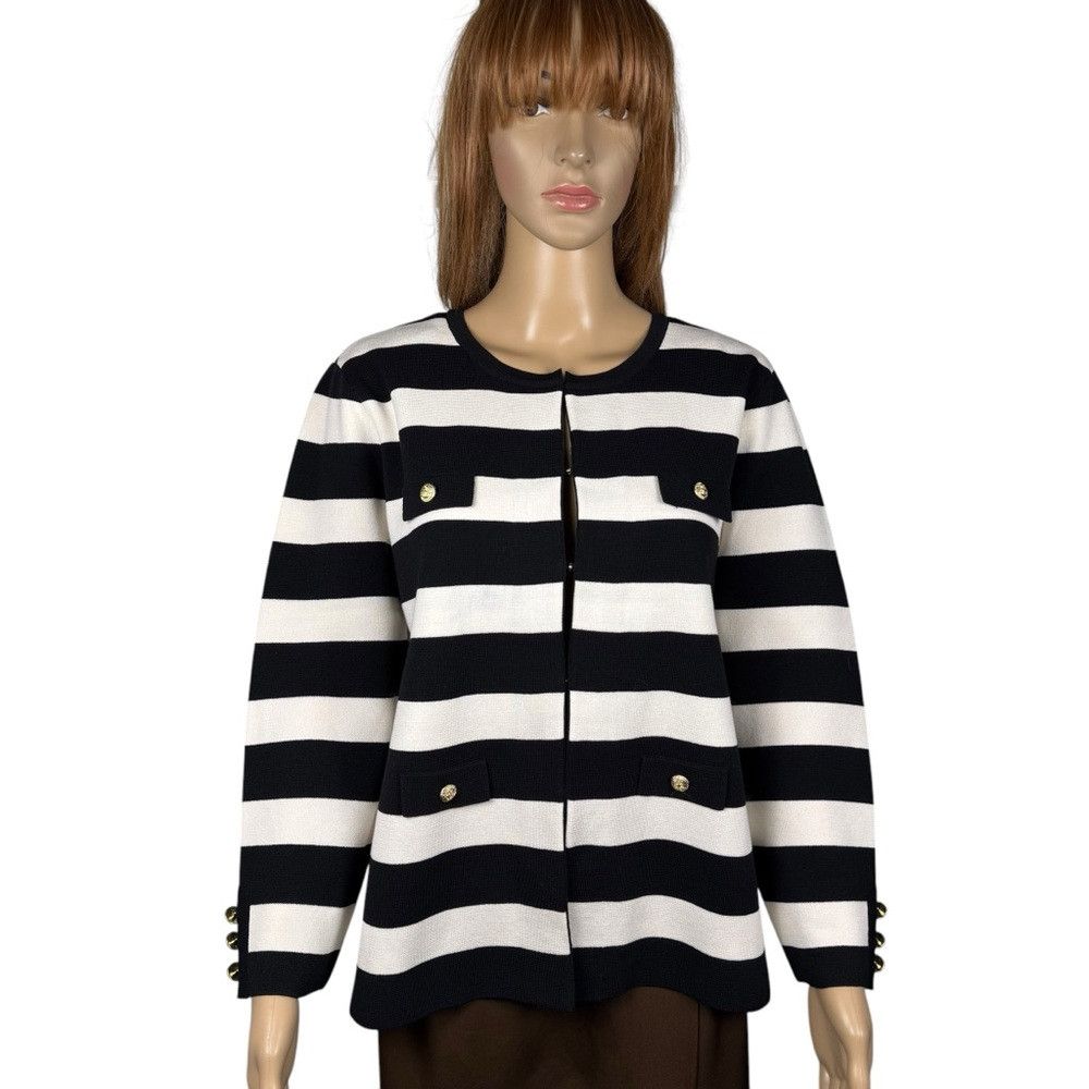 Anne Klein New Anne Klein Black White Striped Cardigan Size L Size L / US 10 / IT 46 - 2 Thumbnail