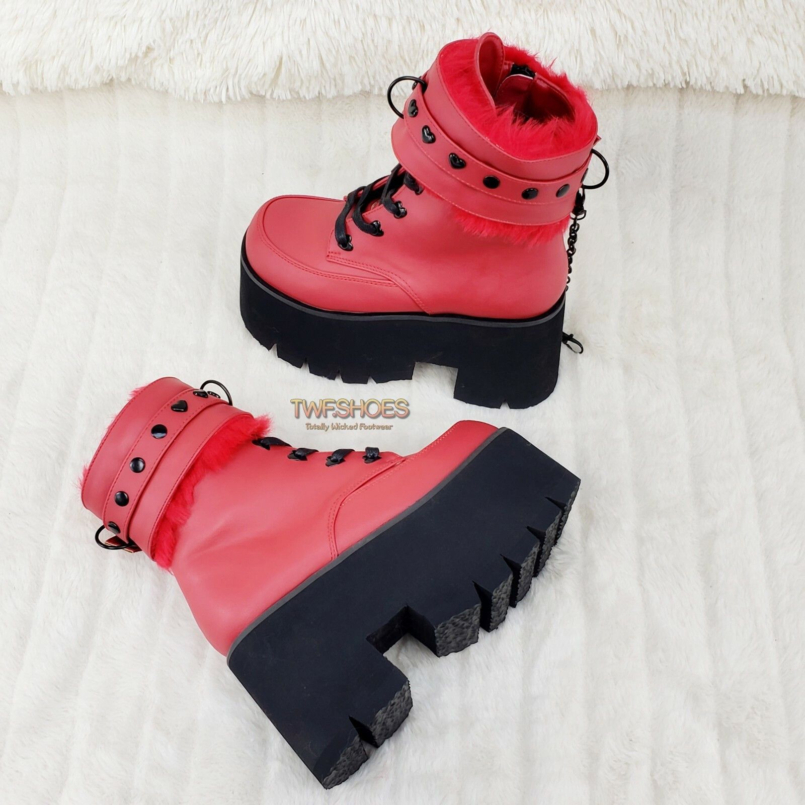 Other Ashes 57 RED Heart Studs 3.5" Platform Goth Boots Fur Lined Size US 9 / IT 39 - 3 Thumbnail