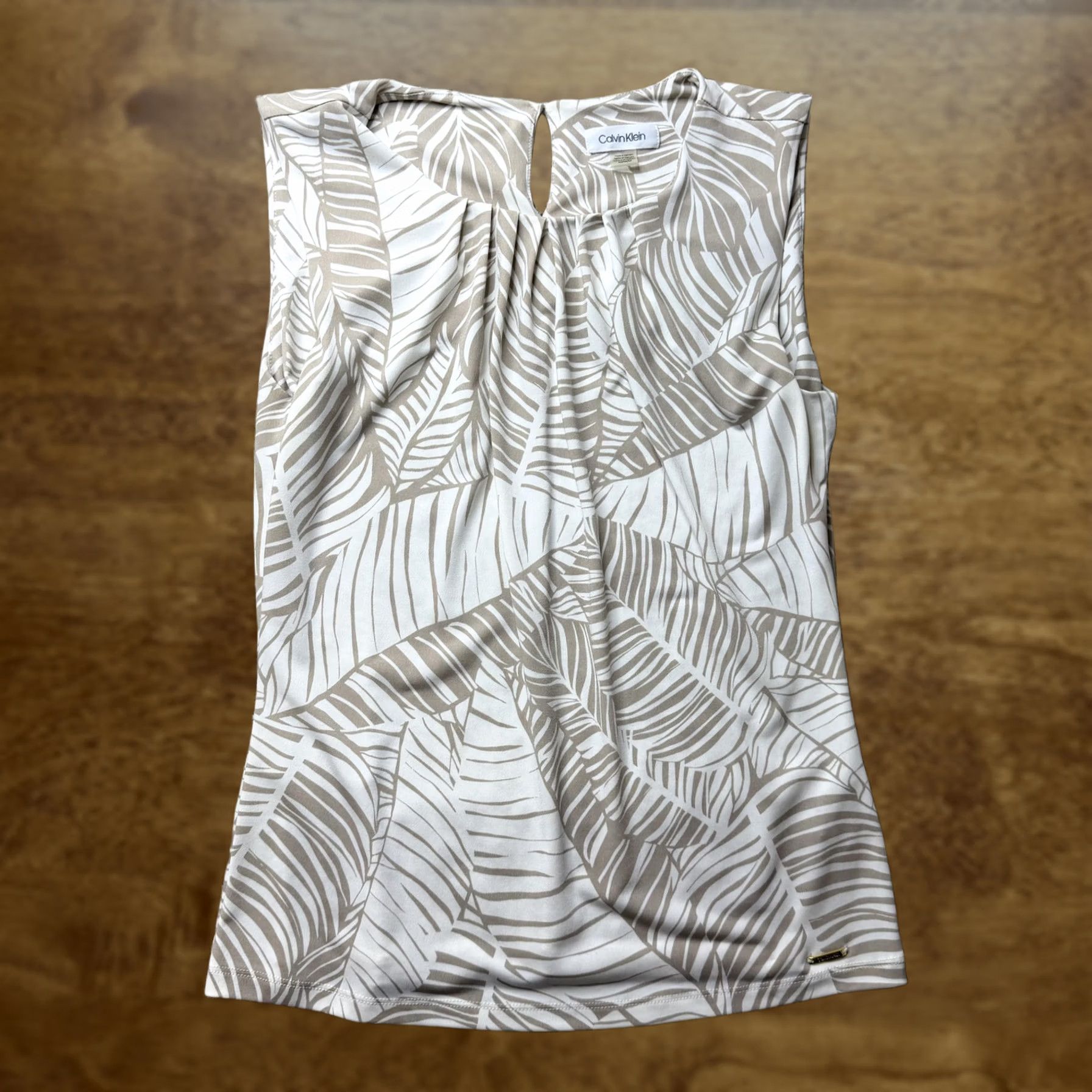 Calvin Klein Calvin Klein Blouse Womens Medium Beige Leaf Print Sleeveless Crew Neck Stretch Size M / US 6-8 / IT 42-44 - 1 Thumbnail