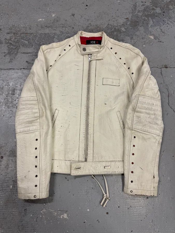 2000s Iceberg White Painted Leather Biker Jacket