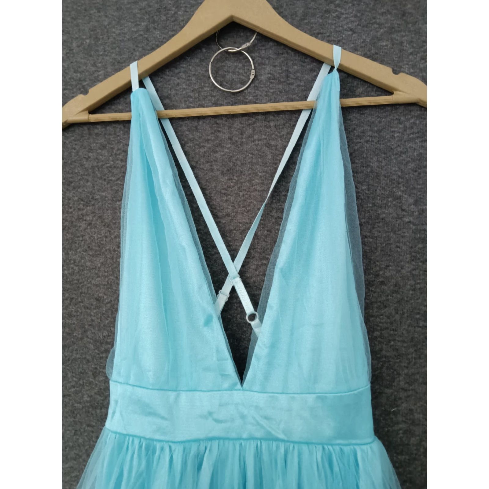 Vintage Ice Blue Moonlight V Neck Halter Maxi Women Dress Size M - Lined, Sleeveless, Solid Blue, Blended Fabric, Dress, Maxi, Women's, Casual Party Wedding Size M / US 6-8 / IT 42-44 - 3 Thumbnail