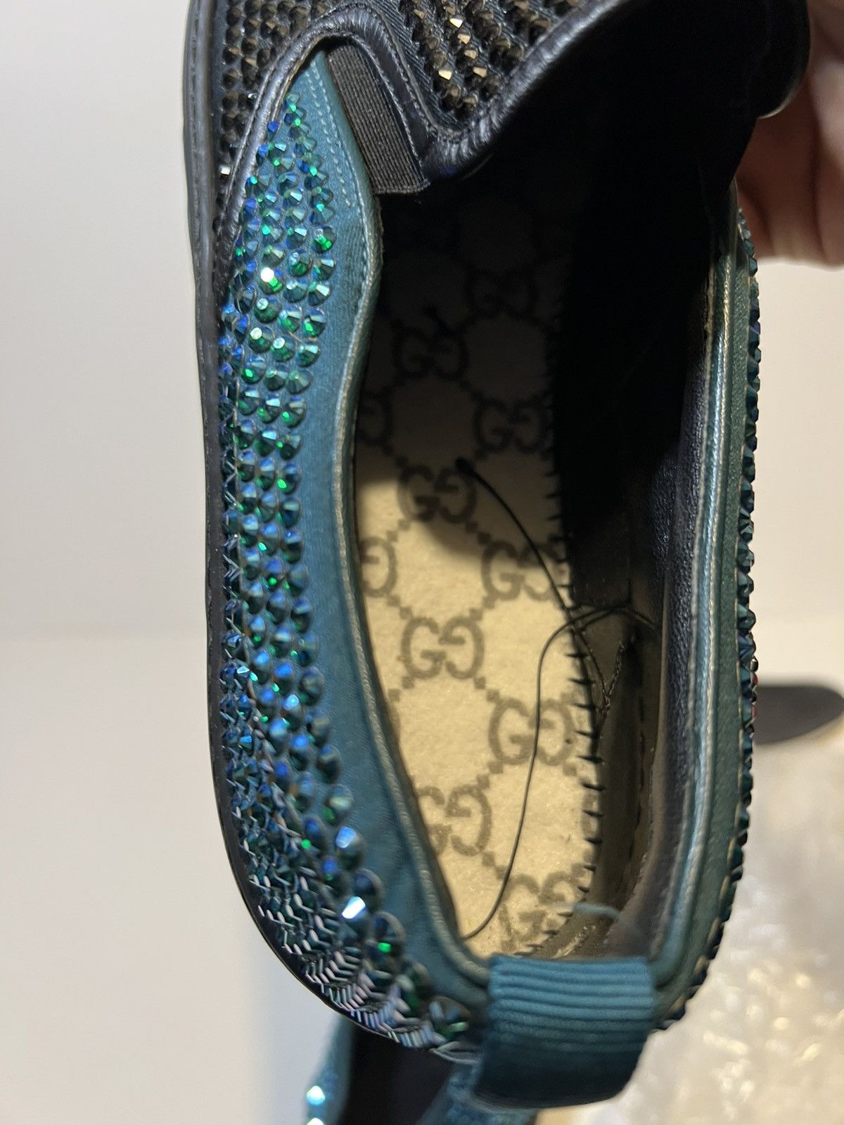 Gucci Gucci satin crystal slip on black/teal sneaker shoes Size US 9 / EU 42 - 9 Thumbnail
