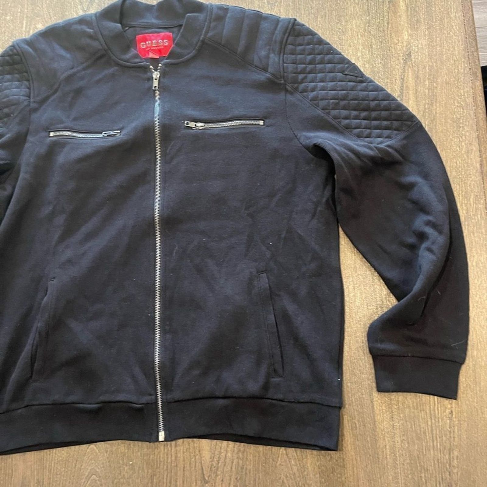 Guess NWOT Guess Mens Black Cotton Blend Zip Up Bomber Jacket Sz L Size US L / EU 52-54 / 3 - 2 Thumbnail