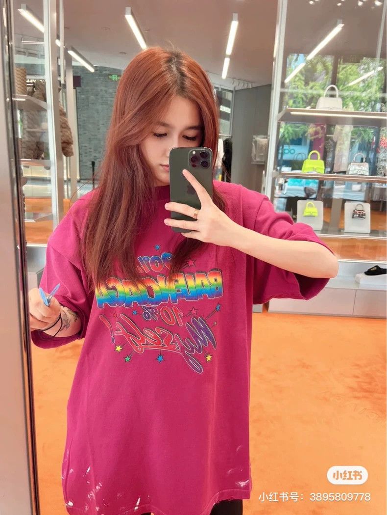 Balenciaga Pink water-wash distressed ink short-sleeve