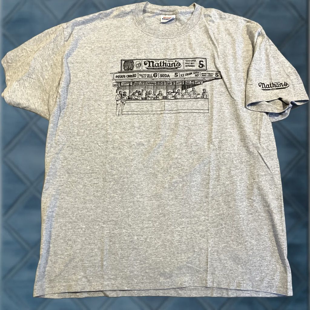 Hanes VINTAGE Hanes Heavyweight T-Shirt Gray Men's XL Nathan's Famous Gray T Shirt Mens XL Size US XL / EU 56 / 4 - 1 Thumbnail