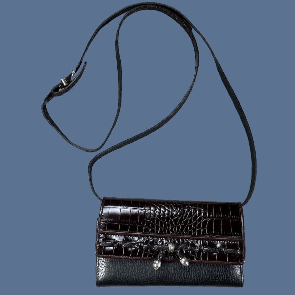 Brighton Brighton Tri Fold Wallet Organizer Crossbody Strap Small Brown Croc Embossed Faux Leather Silver Hardware Women Size ONE SIZE - 1 Thumbnail
