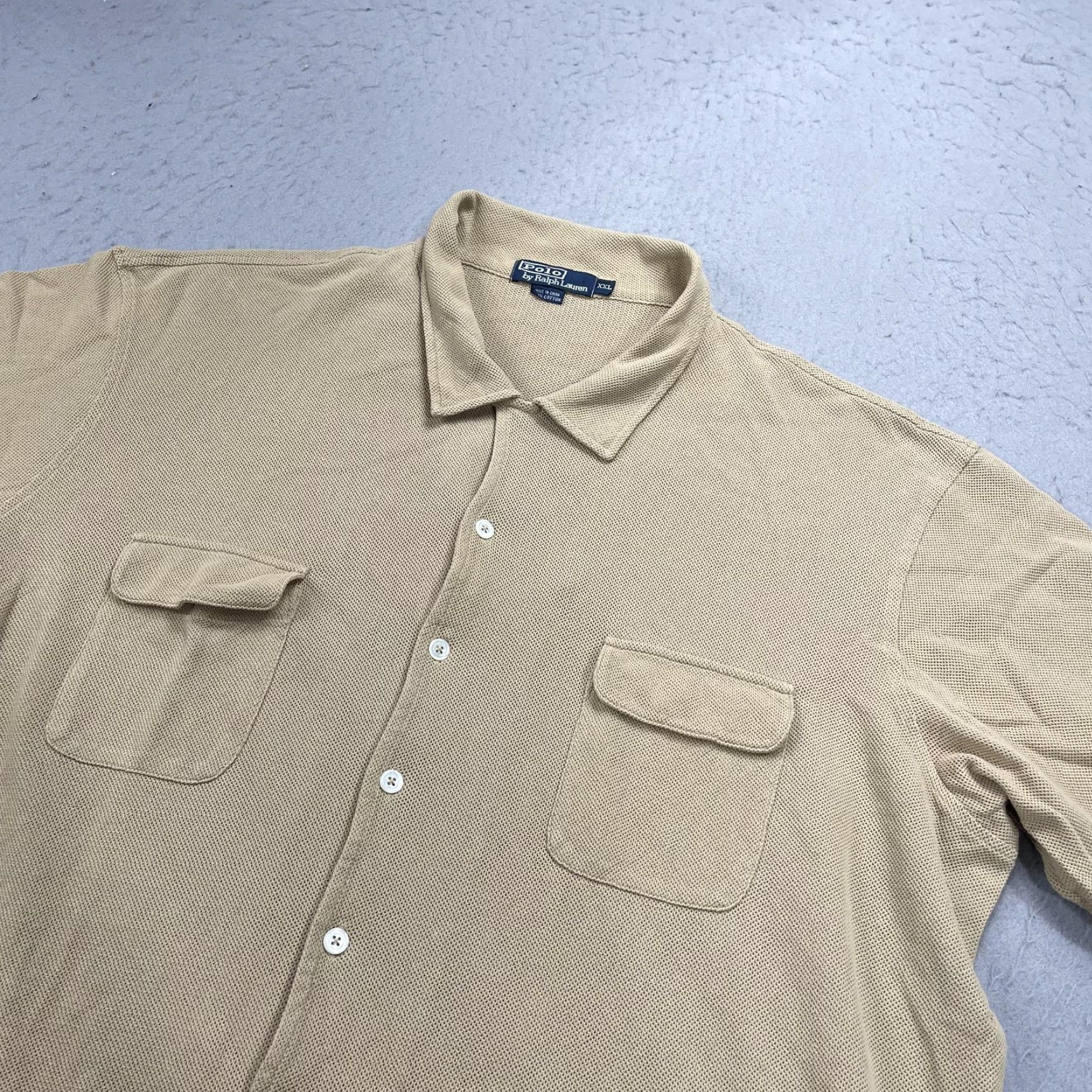 Polo Ralph Lauren VINTAGE Polo Ralph Lauren Shirt Mens 2XL Short Sleeve Button-Up Knit Pocket Chest Beige Cotton Knit Camp Textured Size US XXL / EU 58 / 5 - 3 Thumbnail