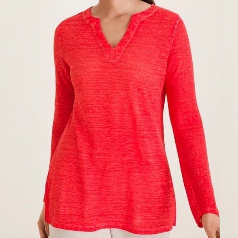 Chicos NWT New Chico's Linen Split-Neck Long Sleeve Red Tunic Size Size L / US 10 / IT 46 - 3 Thumbnail