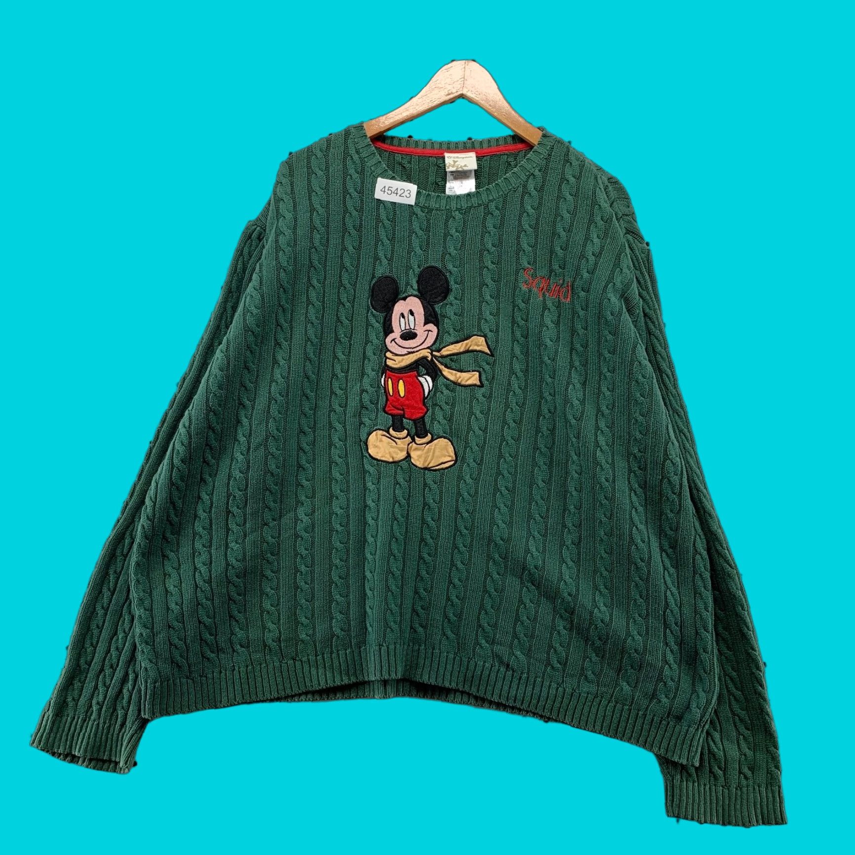 Disney VINTAGE Disney Mickey Mouse Sweater Mens 2XL Green Cable Knit Embroidered Squid Size US XXL / EU 58 / 5 - 1 Thumbnail