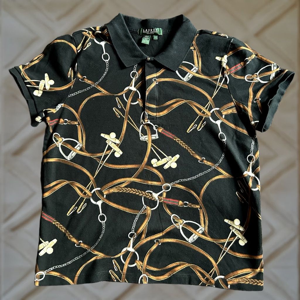 Ralph Lauren VINTAGE Ralph Lauren Black Equestrian Bridle Print Polo T-Shirt Petite L Womens Size L / US 10 / IT 46 - 1 Thumbnail