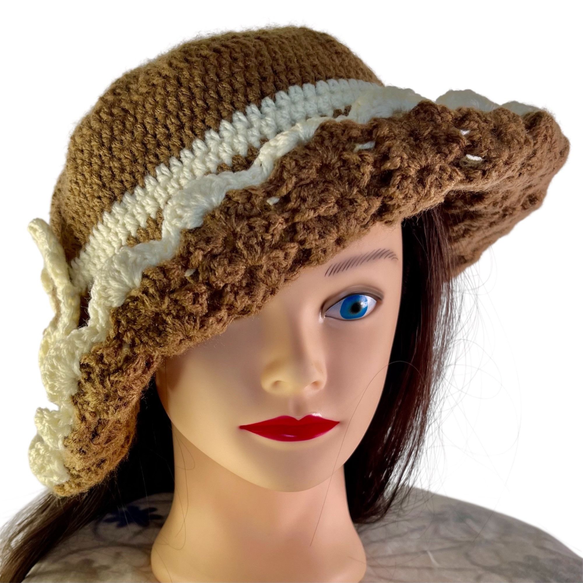 Handmade Crochet Bucket Hat Retro Cloche Style Brown and Cream Handma Size ONE SIZE - 5 Thumbnail