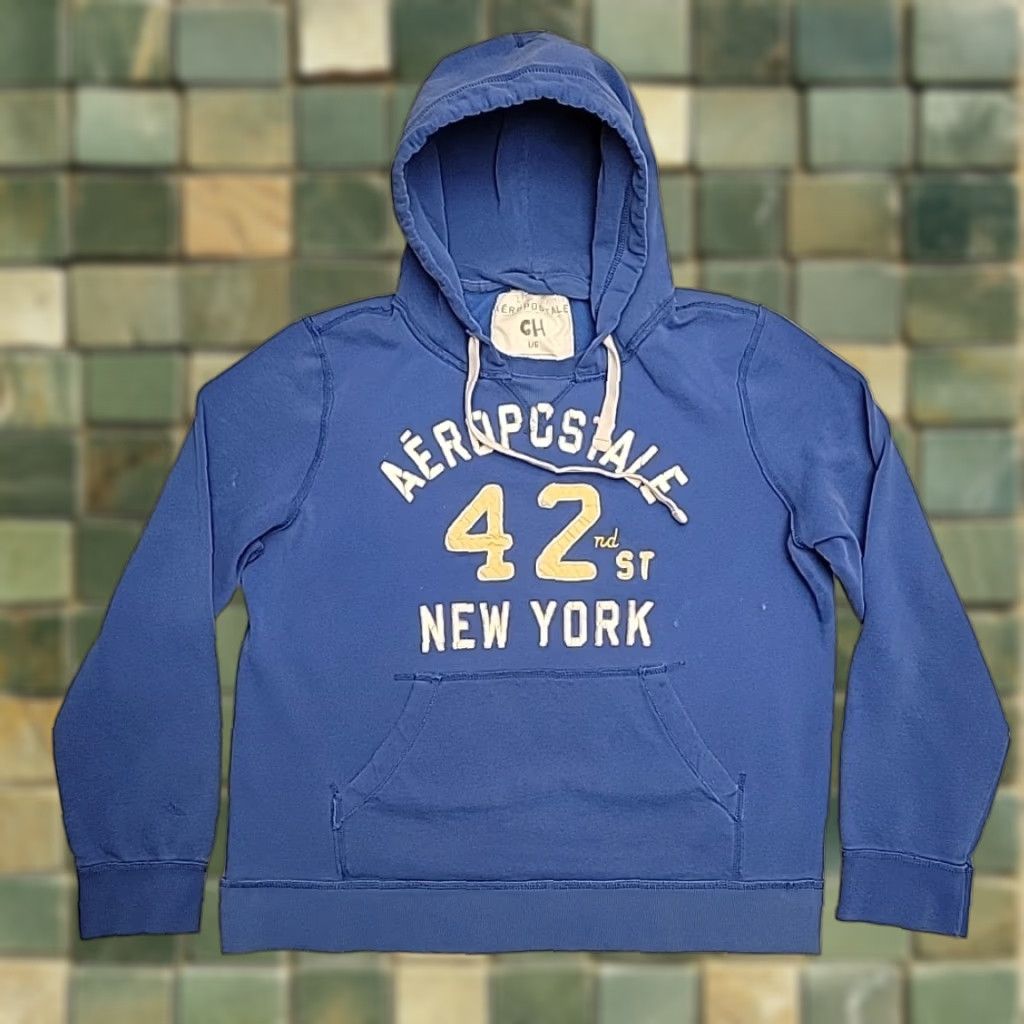 Abercrombie & Fitch VTG Aeropostale Hoodie L Blue Fleece Pullover Cropped 90s USA Logo Sweatshirt Men L Size US L / EU 52-54 / 3 - 1 Thumbnail