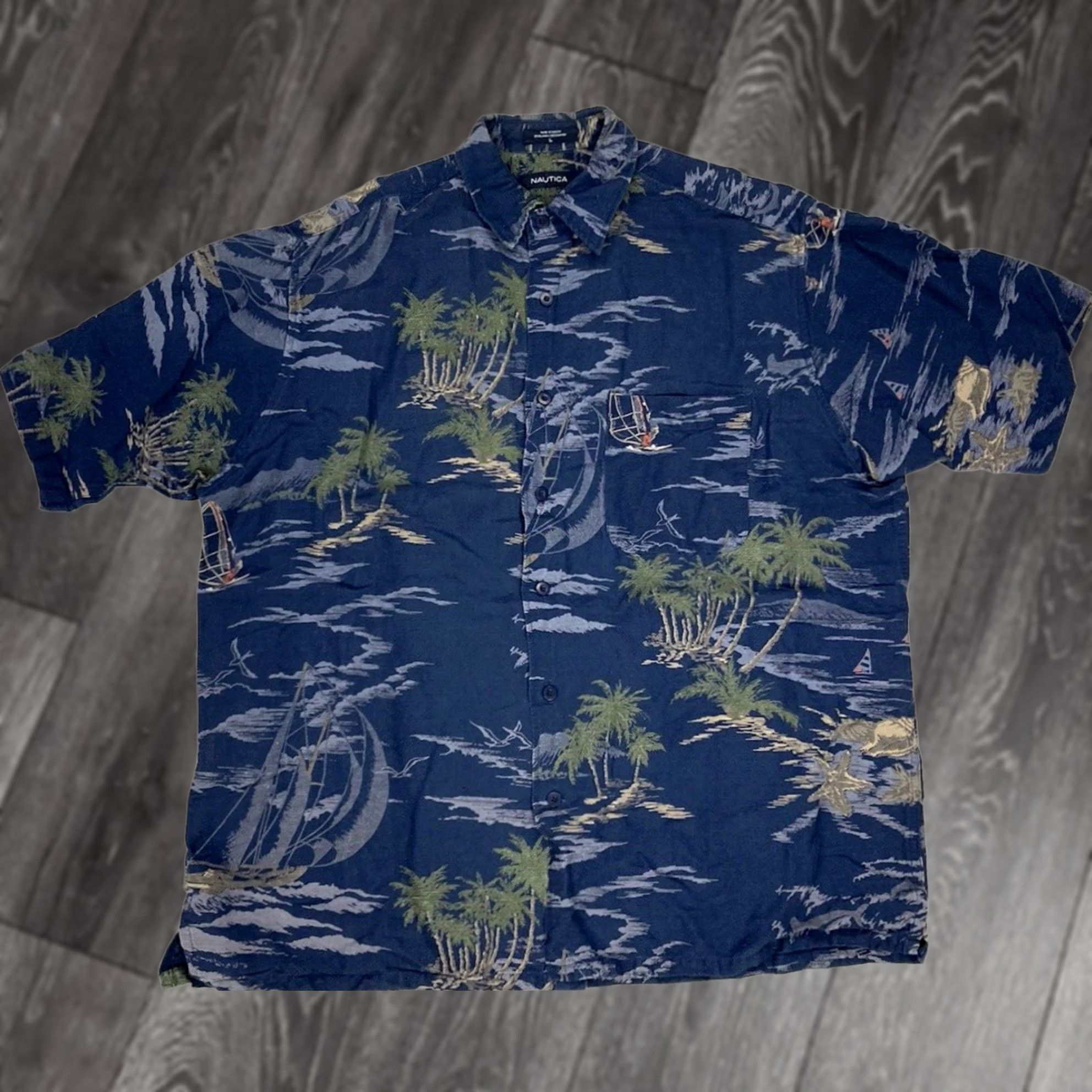 Nautica VINTAGE Nautica Shirt Men Large Short Sleeve Hawaii Linen Blend Aloha Palm Tree Print Button-Up Collared Size US L / EU 52-54 / 3 - 1 Thumbnail