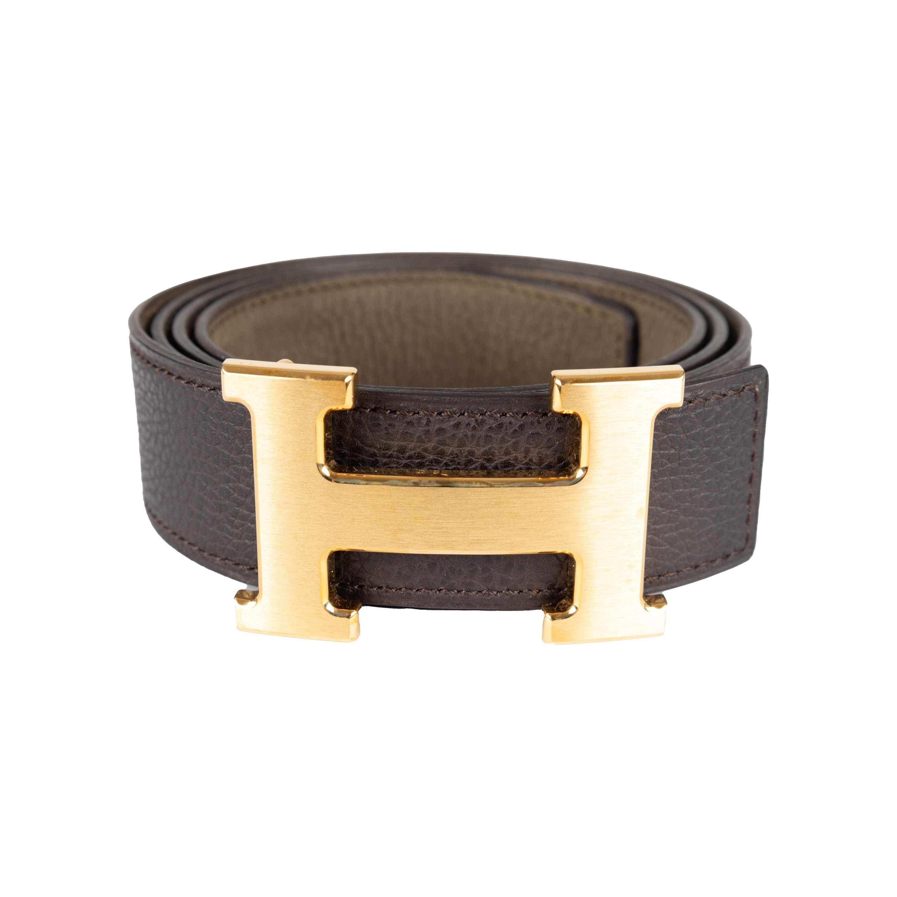 image of Hermes Hermes H Buckle Reversible Leather Belt in Brown, Women's